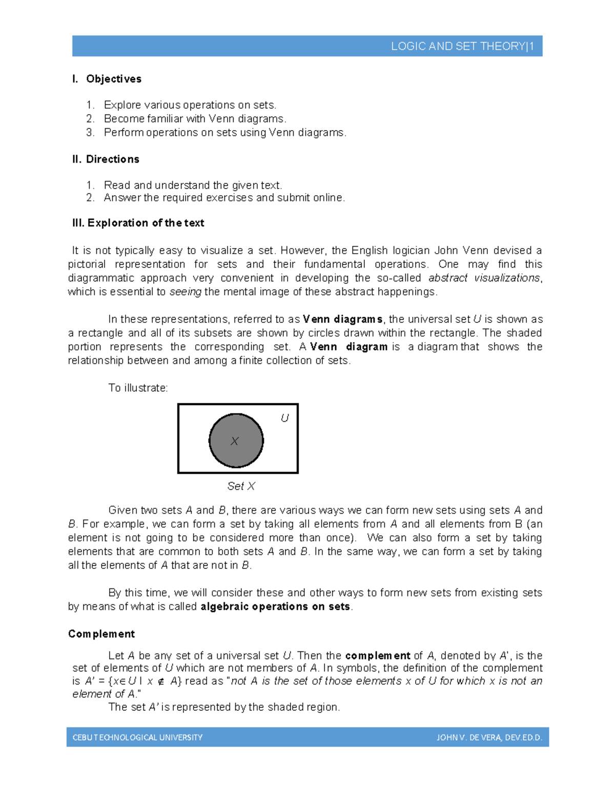LOGIC AND SET I: Operations on Sets and Venn Diagrams - Studocu
