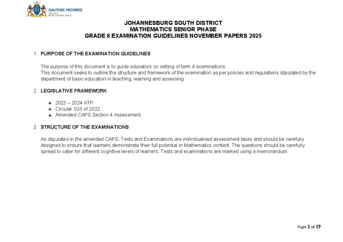 Grade 8 Mathematics Term 4 Exam Guidelines 2025 - Studocu