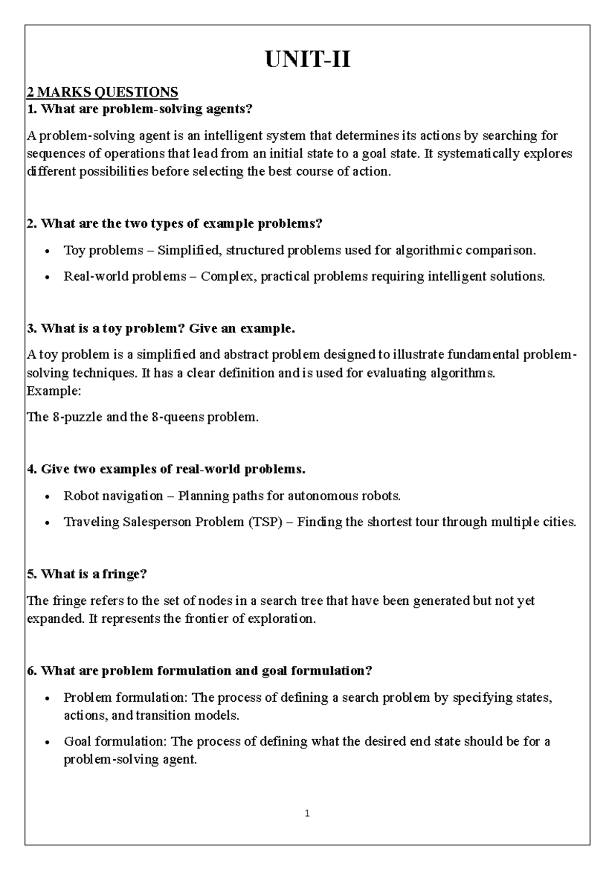AI UNIT II Solved 22QB - Key Concepts and Problem Formulations - Studocu