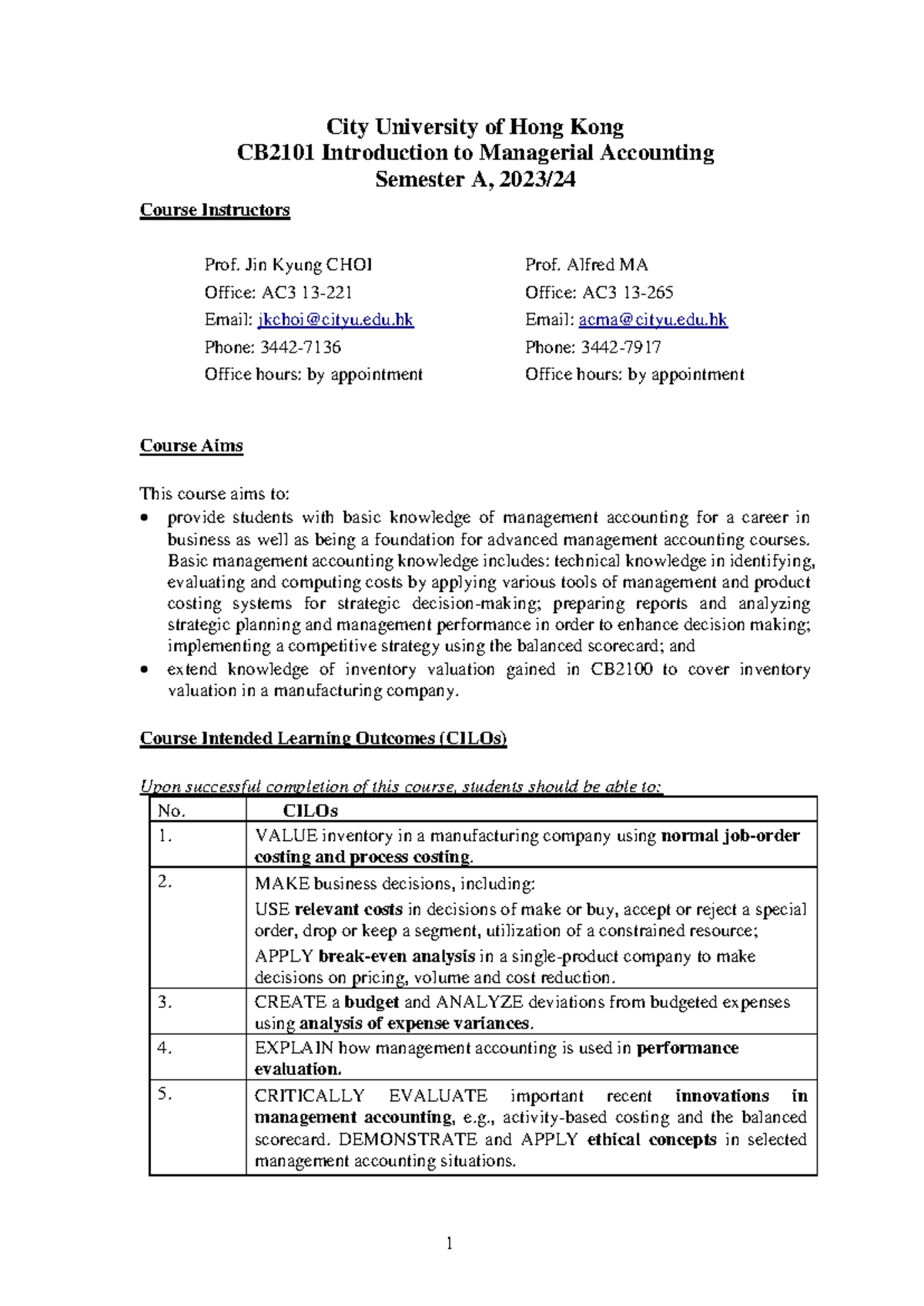 CB2101 Introduction to Managerial Accounting Outline 2023-24 Sem A ...