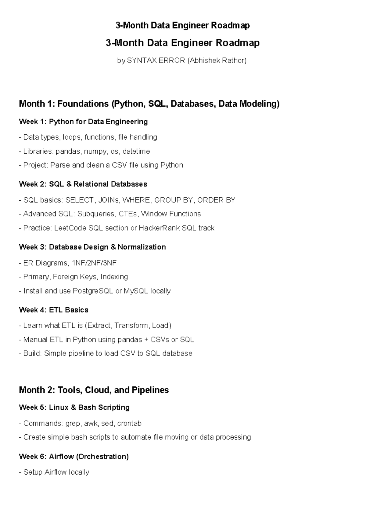 3-Month Data Engineer Roadmap (SYNTAX ERROR) - Studocu