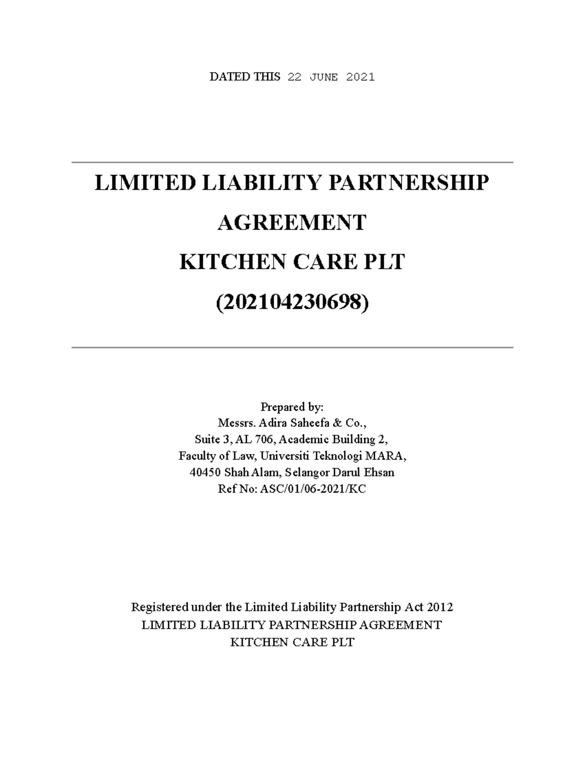 LLP Agreement for Kitchen Care PLT (202104230698) Reference Document ...