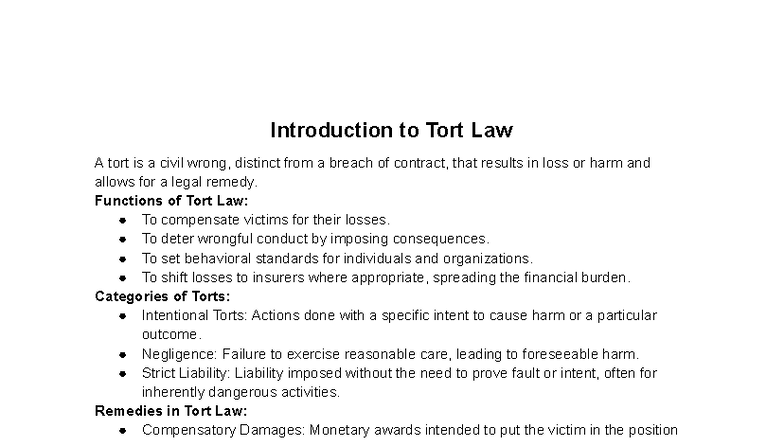 Law Notes Midterm - LAW 122 Comprehensive Overview of Tort Law - Studocu