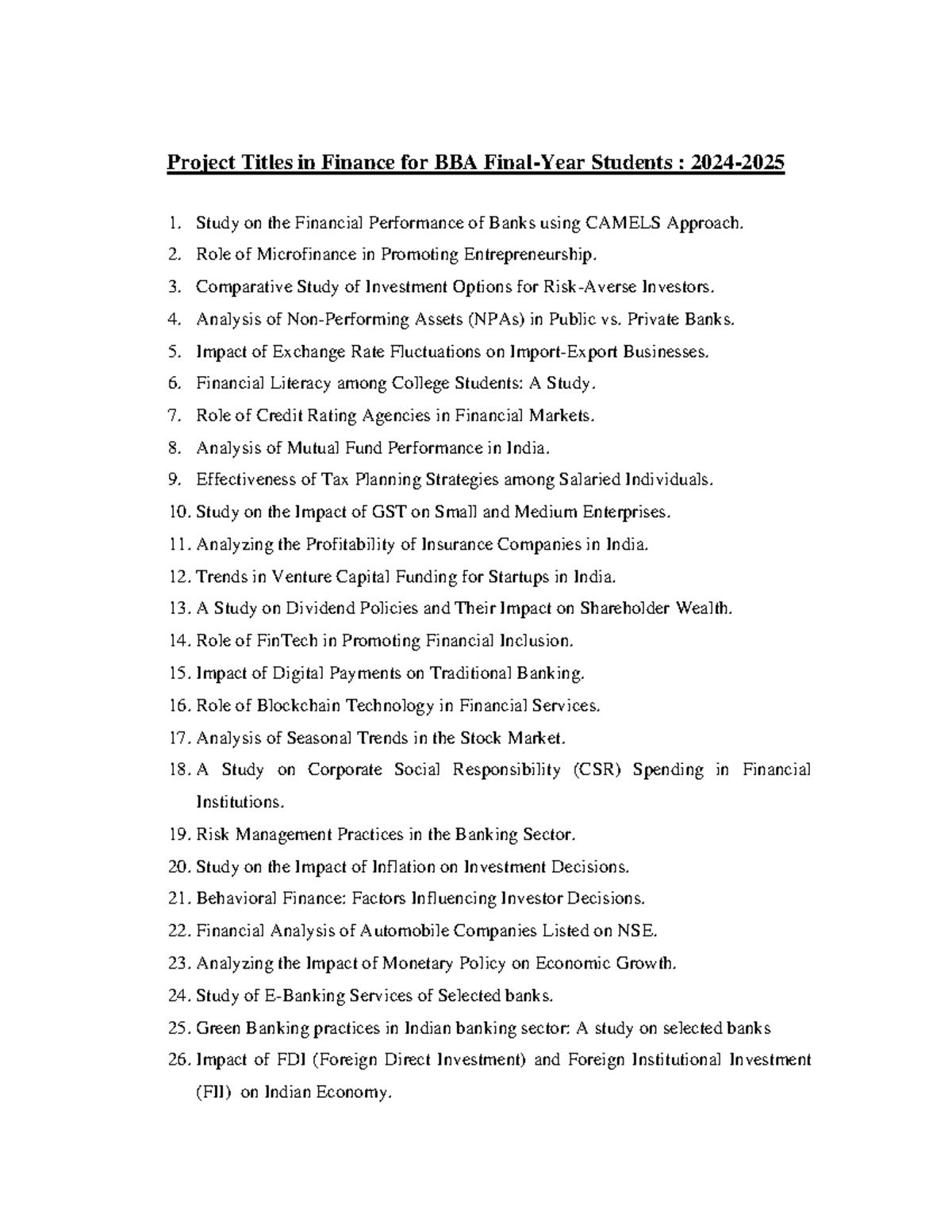 Project Titles in Finance for BBA 2024-25: Comprehensive List of Topics ...