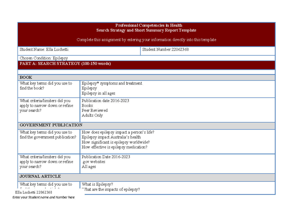Assessment 1: Short Report & Search Strategy on Epilepsy (PCH 101 ...