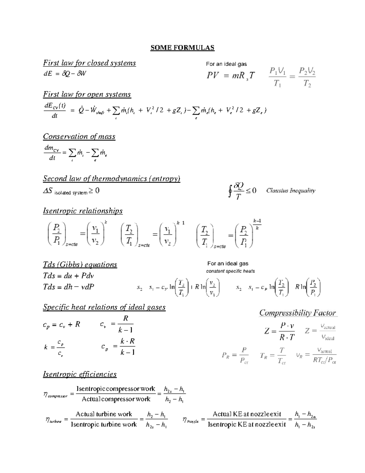 Thermodynamics formulas for closed and open systems (ENG 101) - Studocu