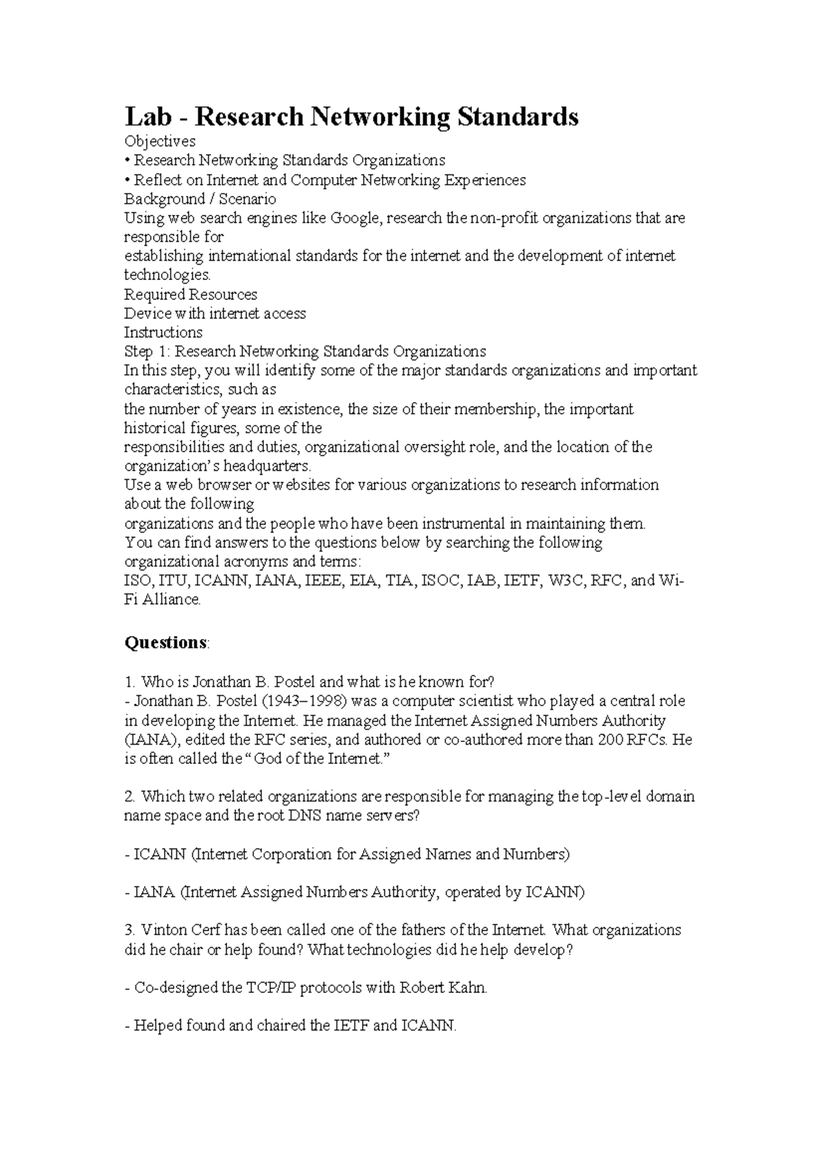 Lab 3 - Researching Internet Networking Standards Organizations - Studocu