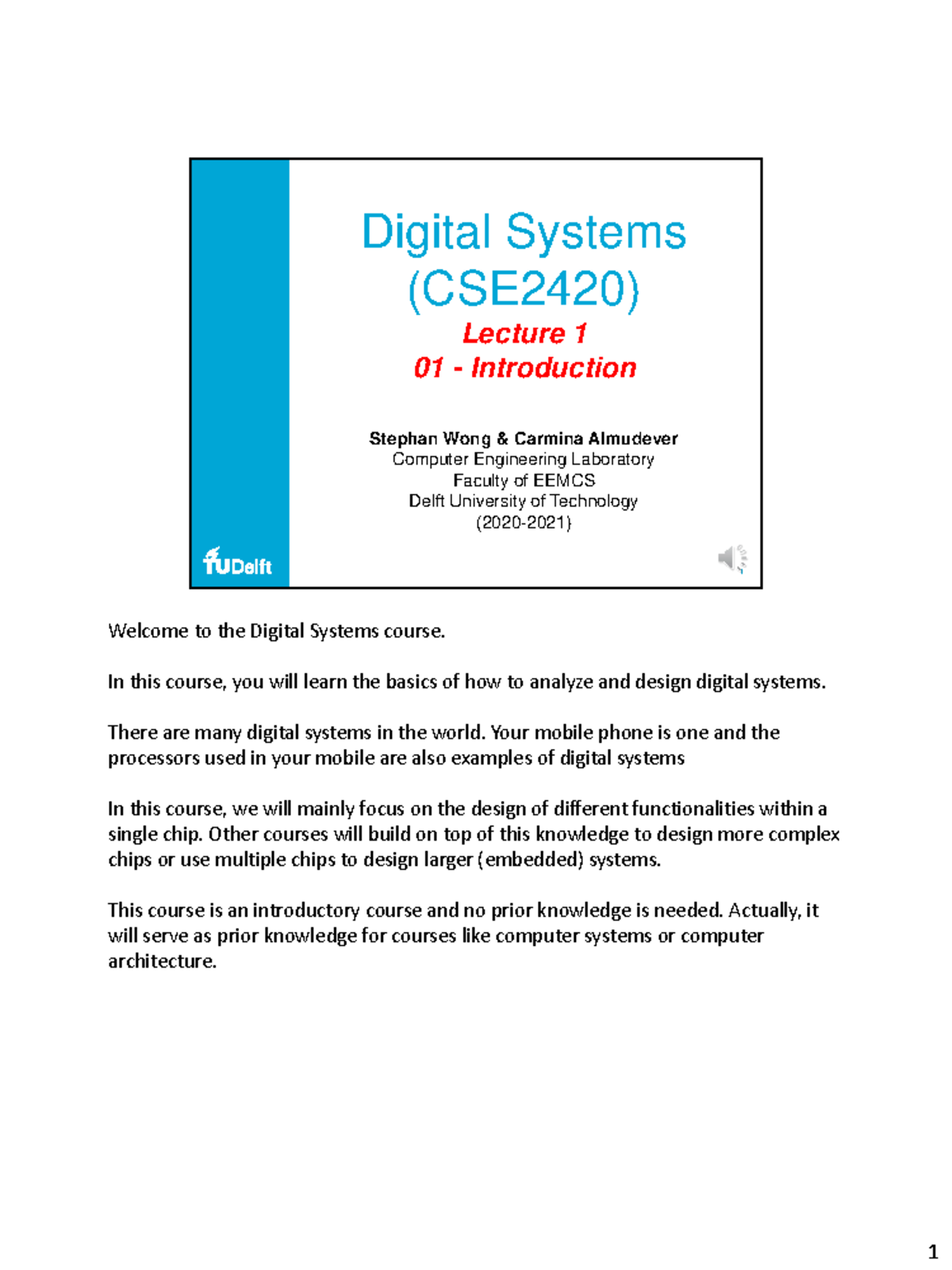 Lecture 1 Slides - Digital Systems (CSE2420) - 2020-2021 - Studeersnel