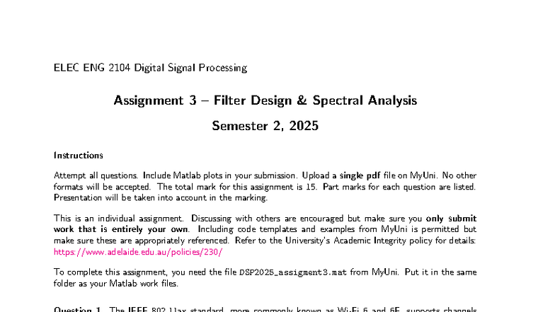 ELEC ENG 2104 DSP Assignment 3: Filter Design & Spectral Analysis - Studocu