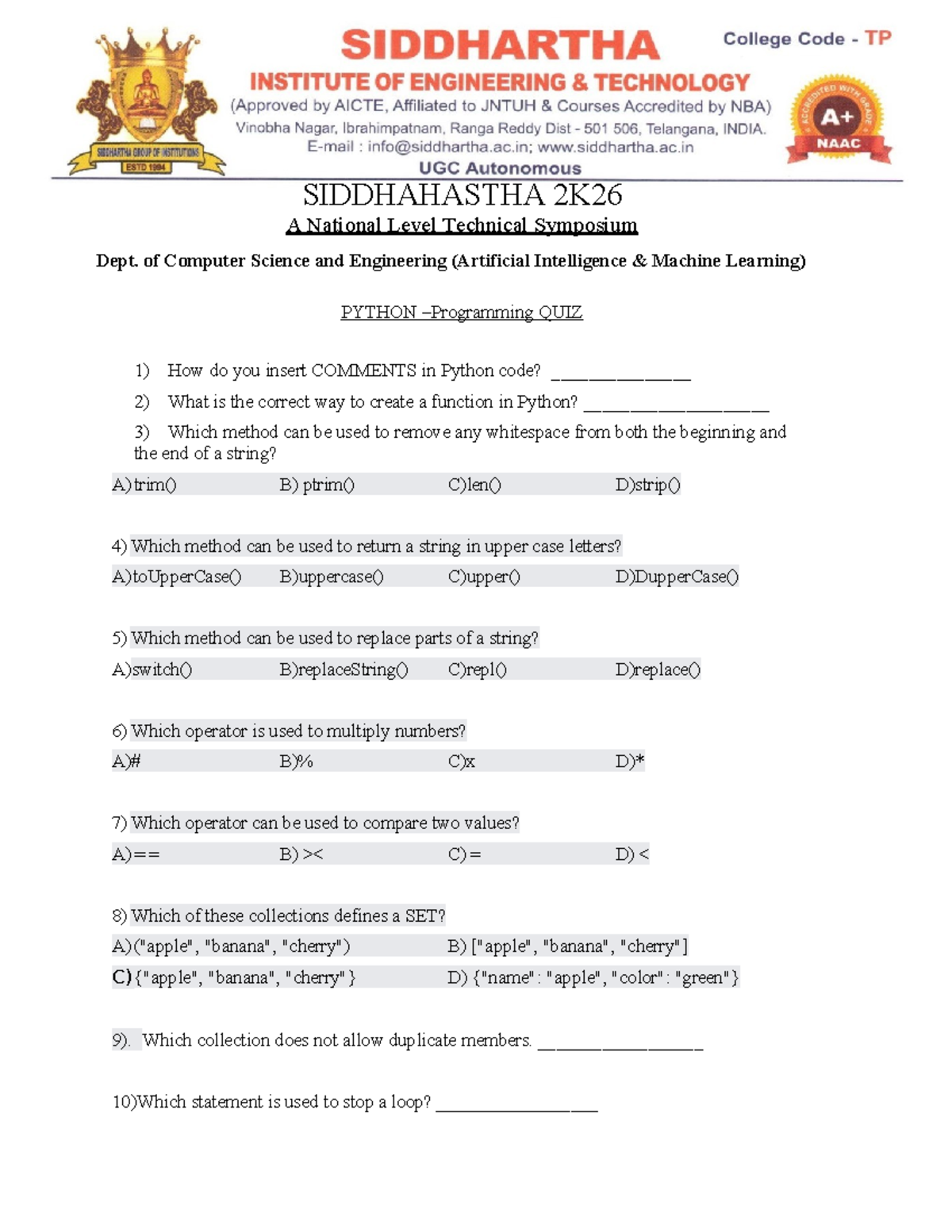 Python Quiz for SIDDHAHASTHA 2K26 - AI & ML CSE - Studocu