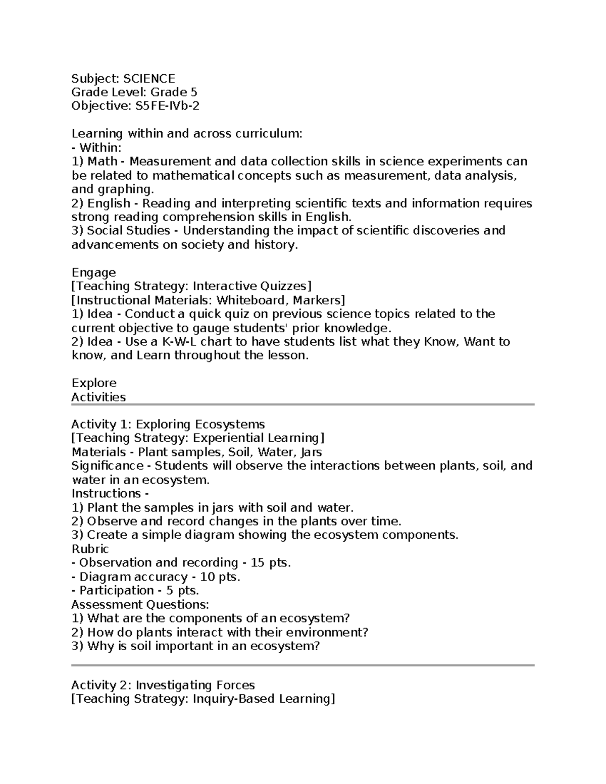 Grade 5 Science: Ecosystems & Soil Erosion Activities Notes - Studocu