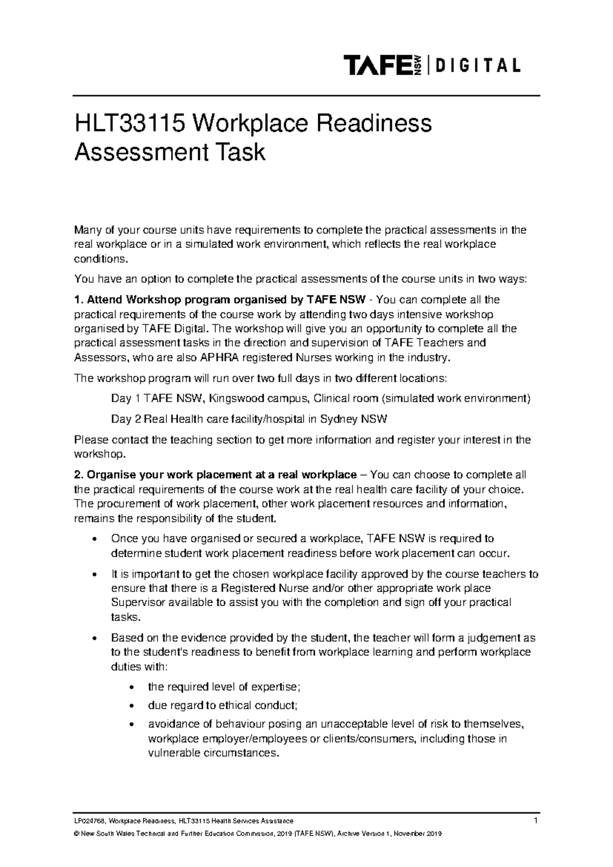 HLT33115 Workplace Readiness Assessment Task Guide - Studocu