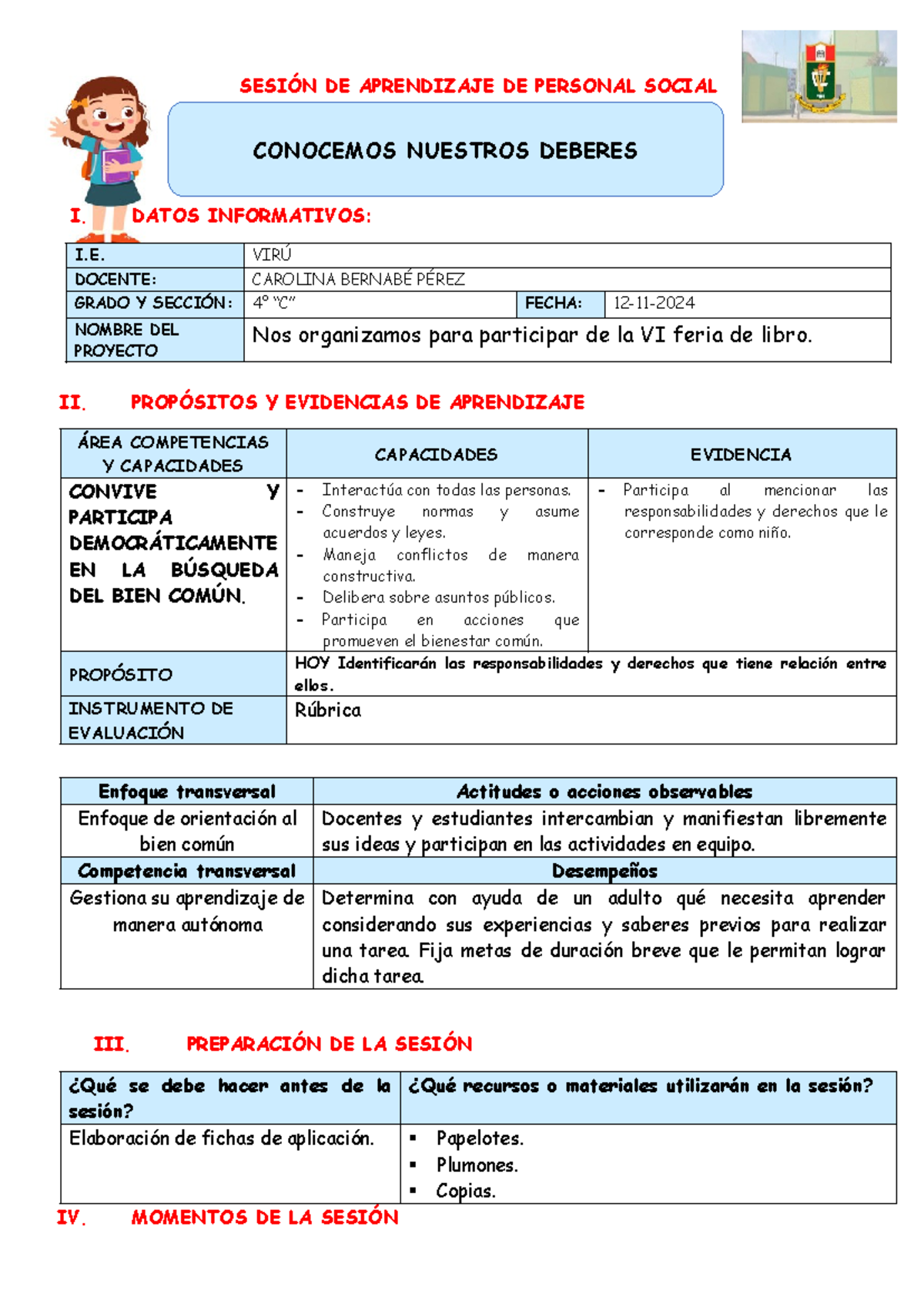 Personal Social - Conocemos Nuestros Deberes - SESIÓN DE APRENDIZAJE DE ...