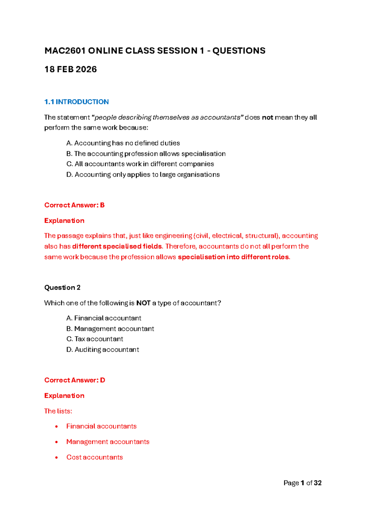 MAC2601 Online Class Session 1 - Classwork & Homework Questions - Studocu