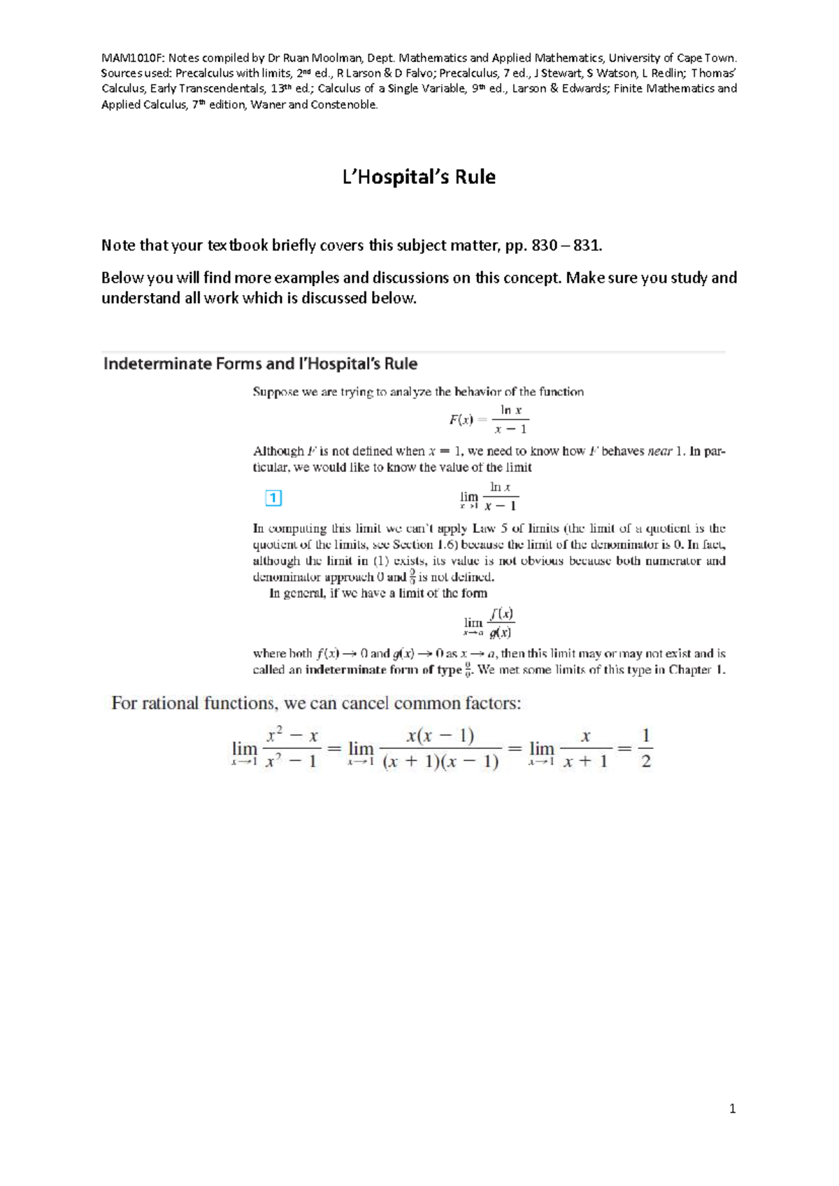MAM1010F: Hospital's Rule Notes by Dr. Ruan Moolman - Studocu