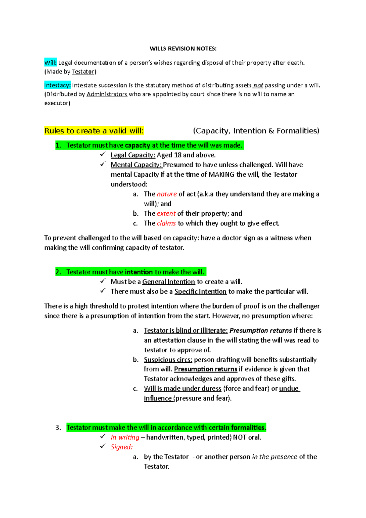 Wills revision notes - WILLS REVISION NOTES: Will: Legal documentation ...