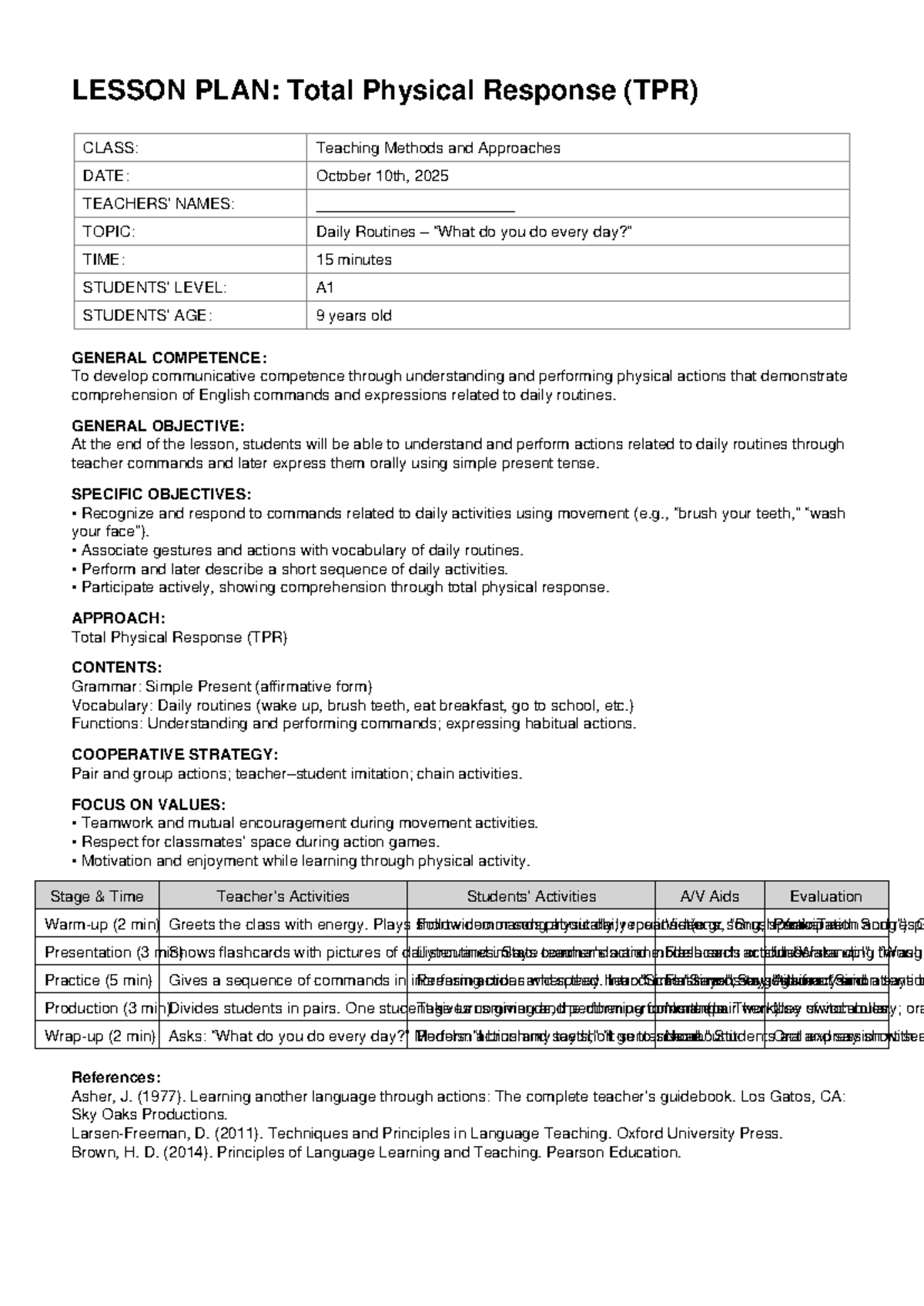 LESSON PLAN: Total Physical Response (TPR) for A1 Level Students - Studocu