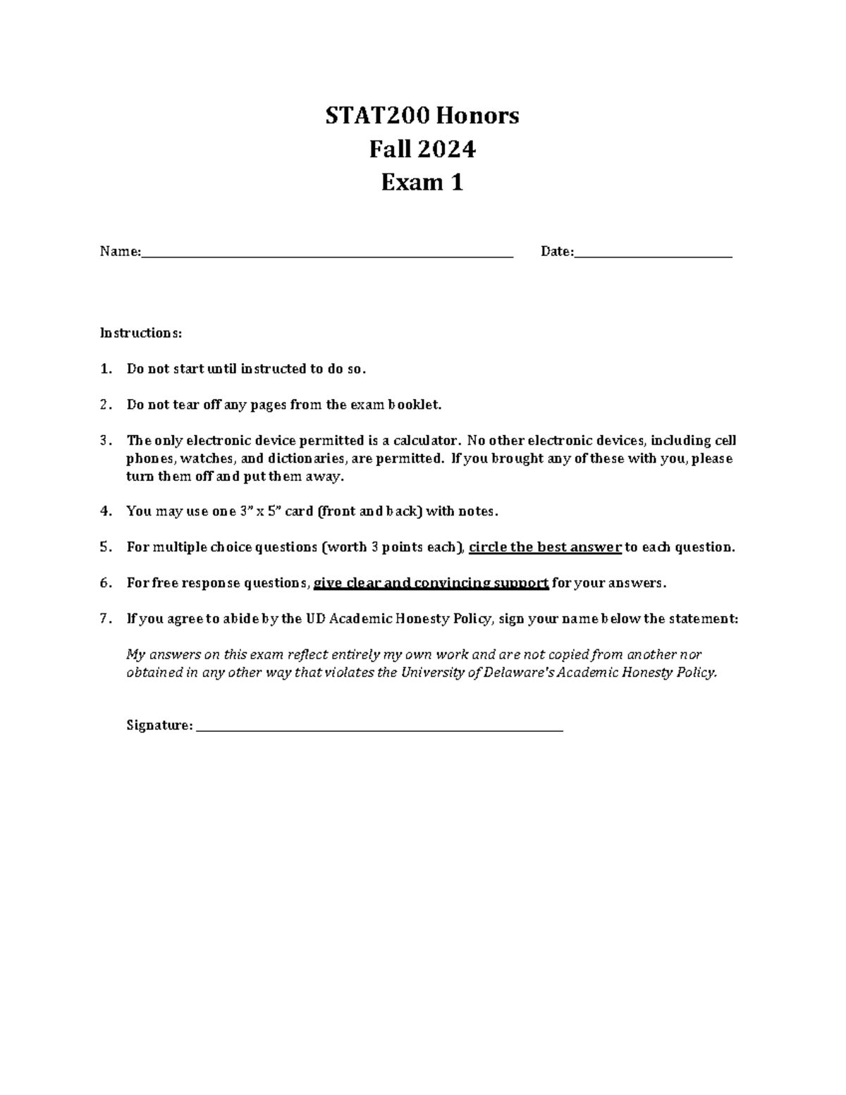 STAT200 Honors Fall 2024 Exam 1 Review & Practice Questions - Studocu