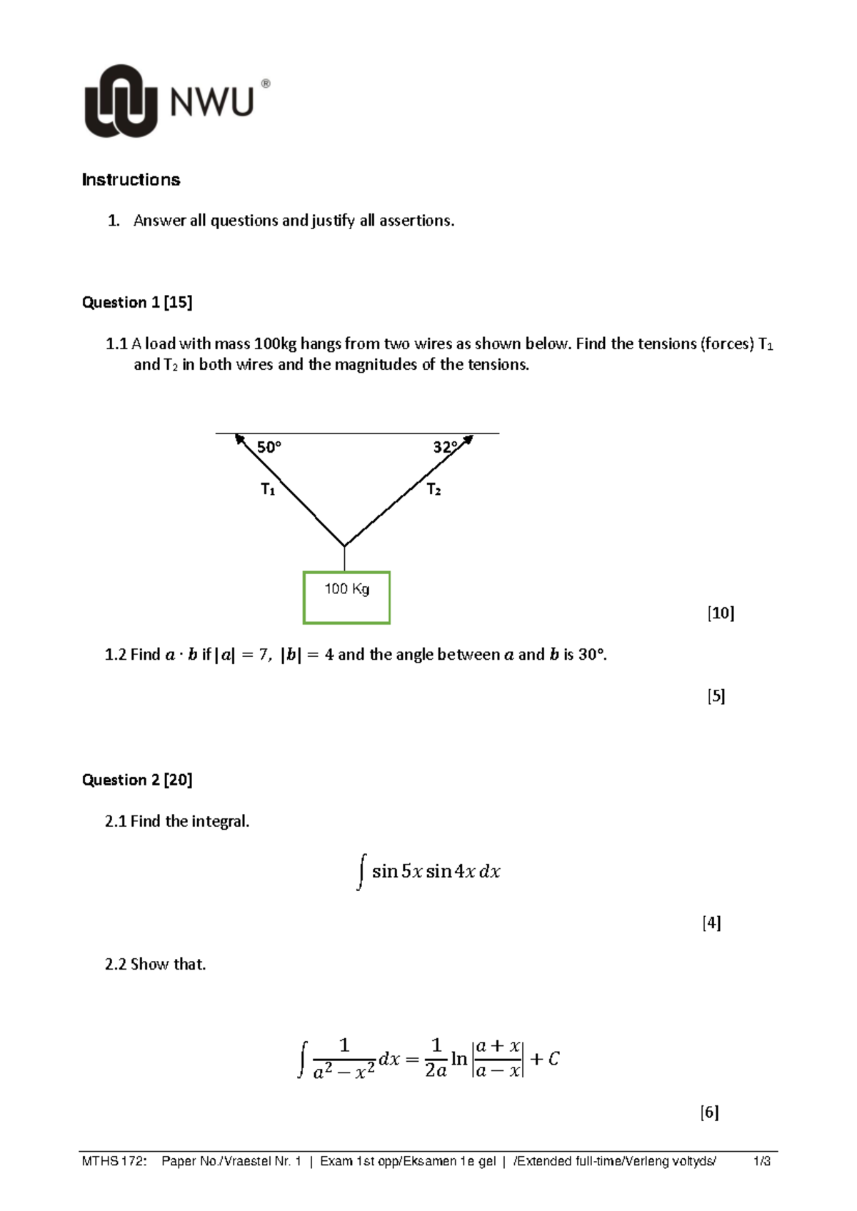 MTHS 172: 2019 Final Exam Solutions and Instructions - Studocu
