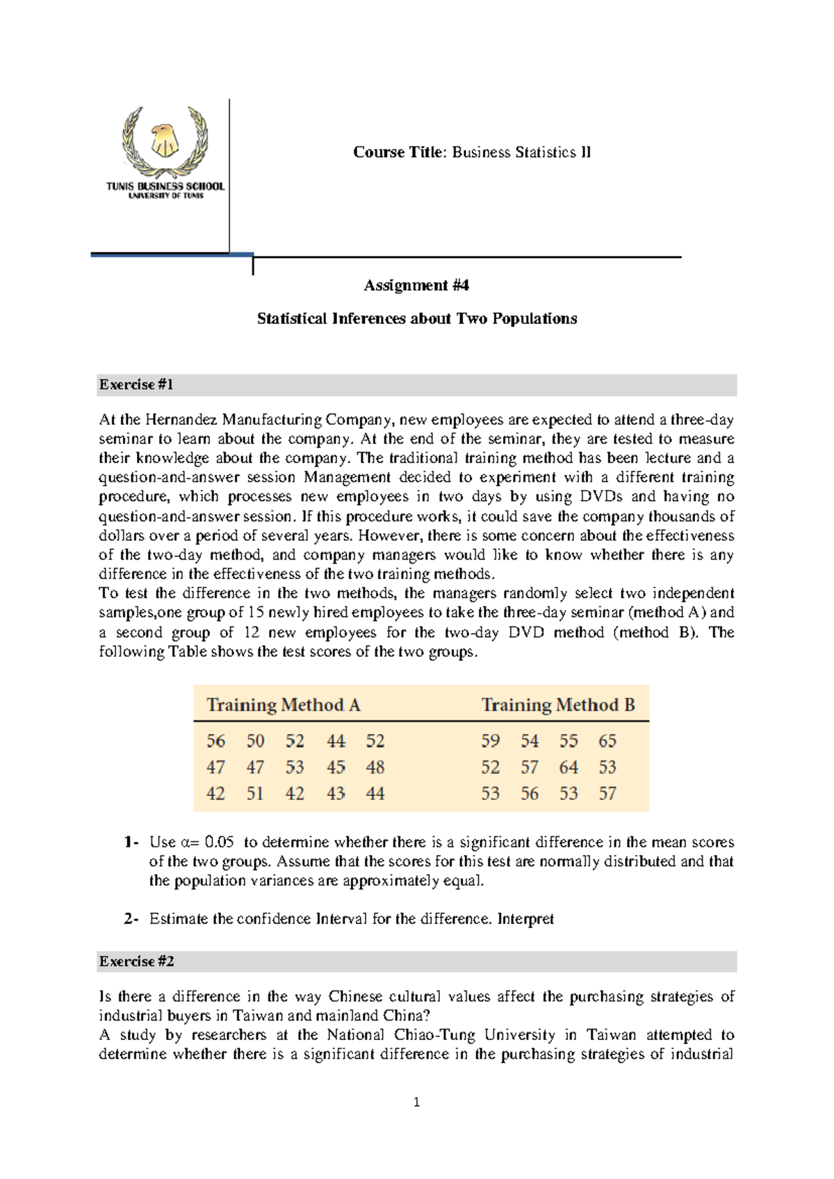 Assignment #4: Two Sample Tests in Business Statistics II - Studocu