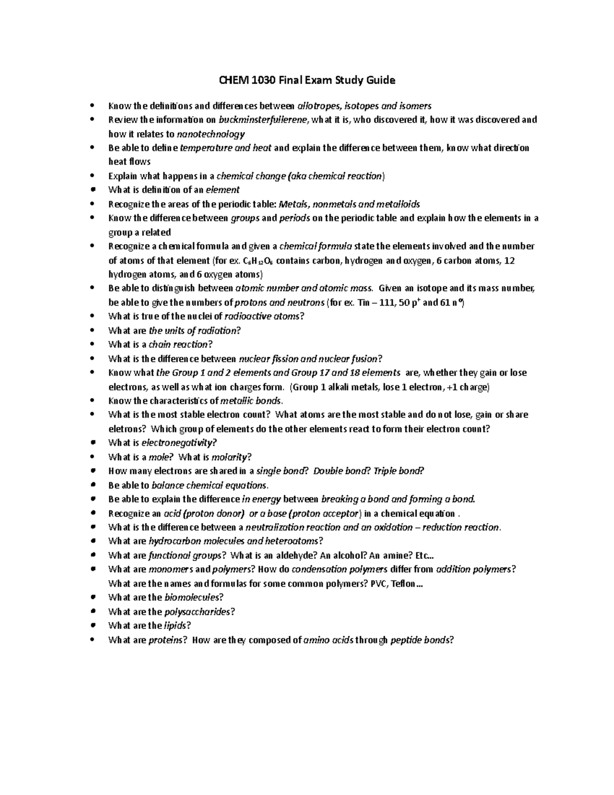 CHEM 1030 Final Exam Study Guide: Key Concepts and Definitions - Studocu