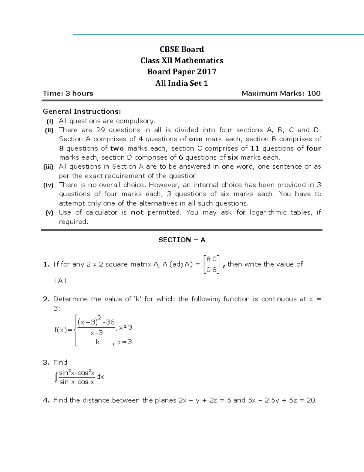 CBSE XII Mathematics Board Paper 2017 - All India Set 1 Solutions - Studocu