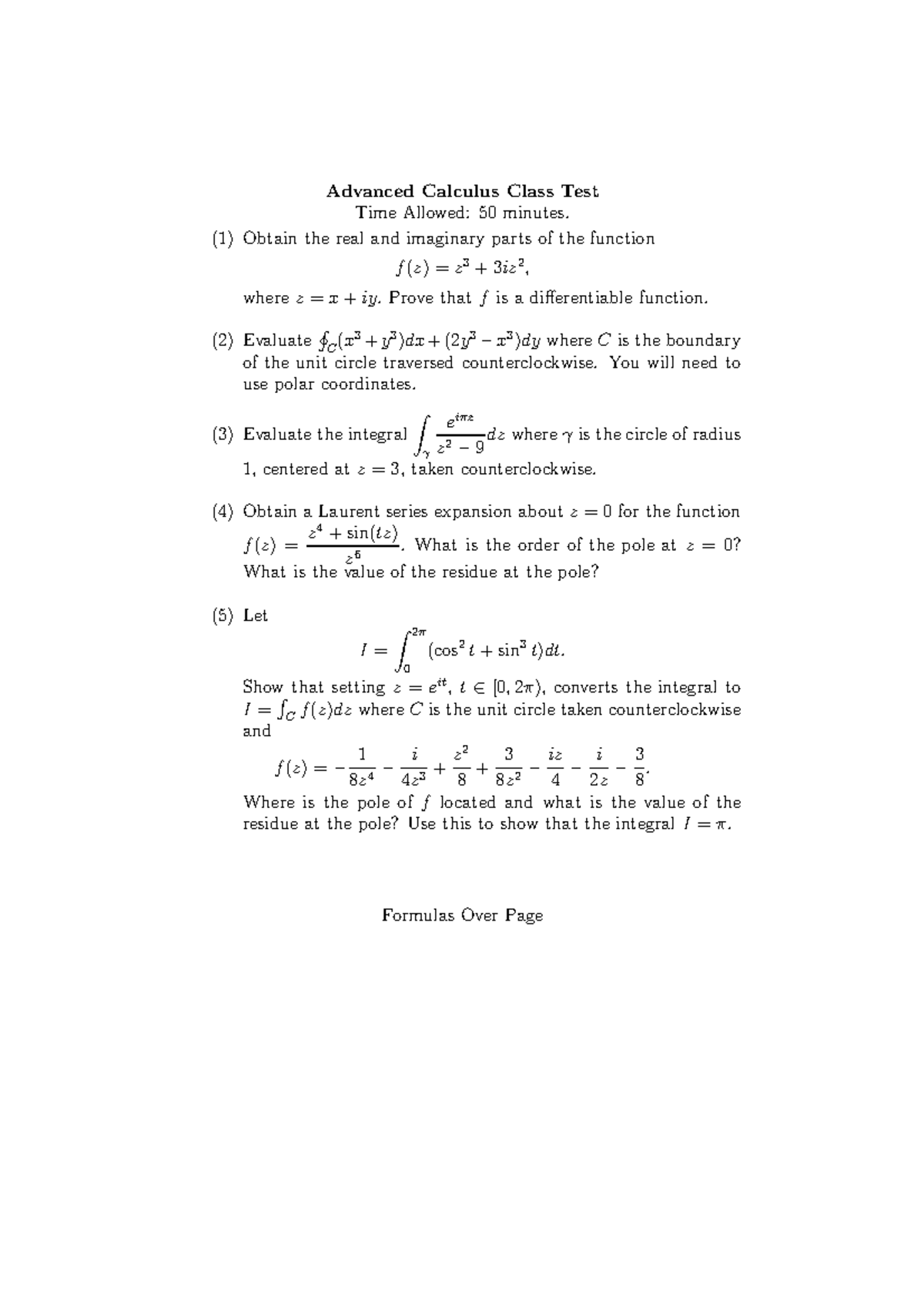 Advanced Calculus Class Test 2019: Key Problems & Solutions - Studocu
