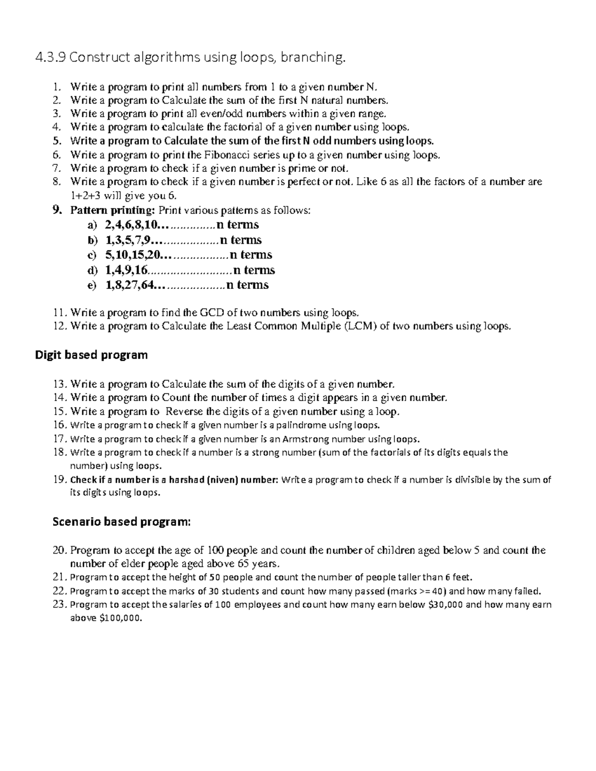 4.3.9 Loop-Based Programming Algorithms and Exercises - Studocu