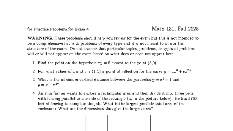 Math 131, Fall 2025 Exam 4 Practice Problems Review - Studocu