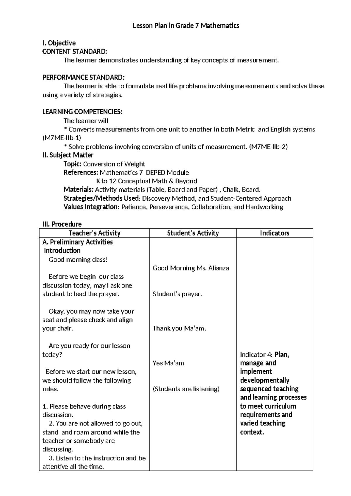 Grade 7 Math Lesson Plan: Conversion of Weight (M7ME-IIb-1) - Studocu