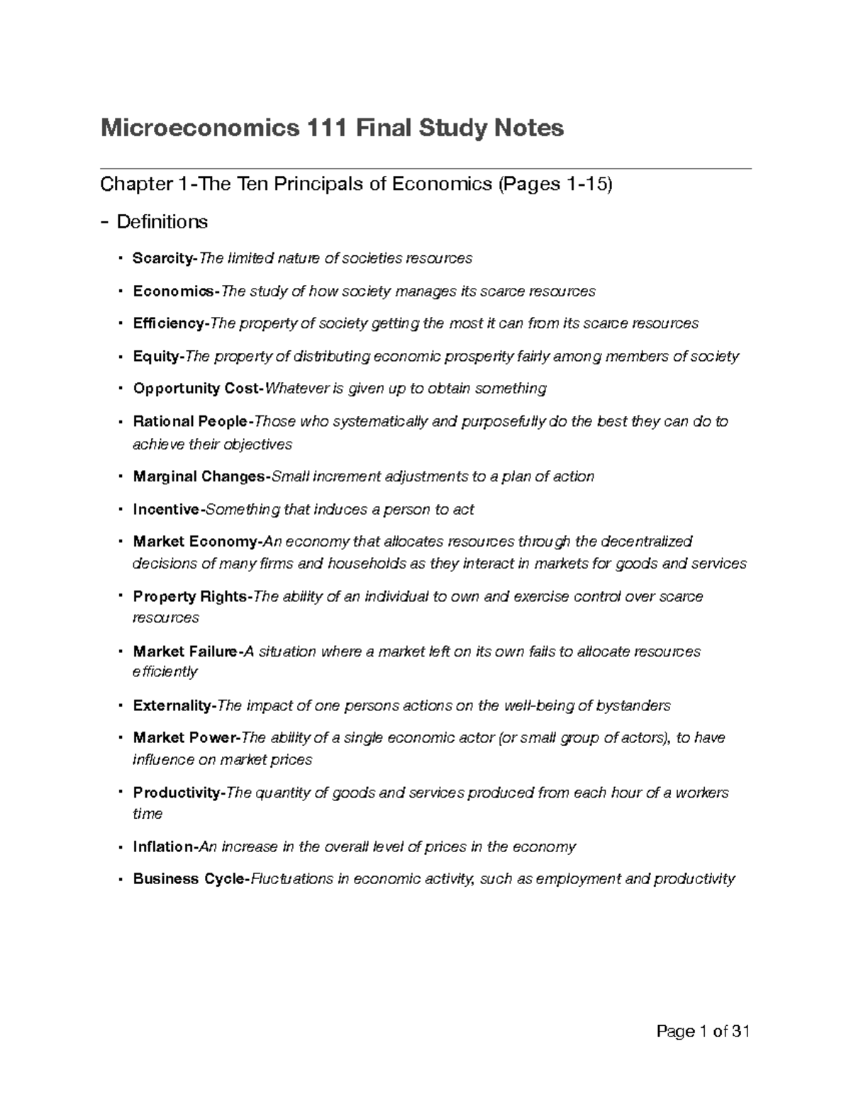 Econ Final Notes - Microeconomics 111 Final Study Notes Chapter 1-The ...