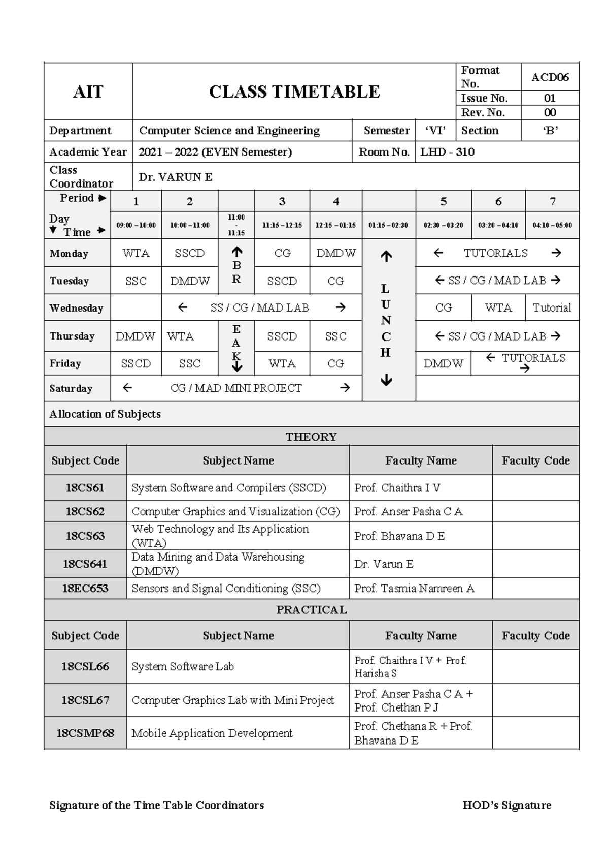 computer science6B - AIT CLASS TIMETABLE Format No. ACD Issue No. 01 ...
