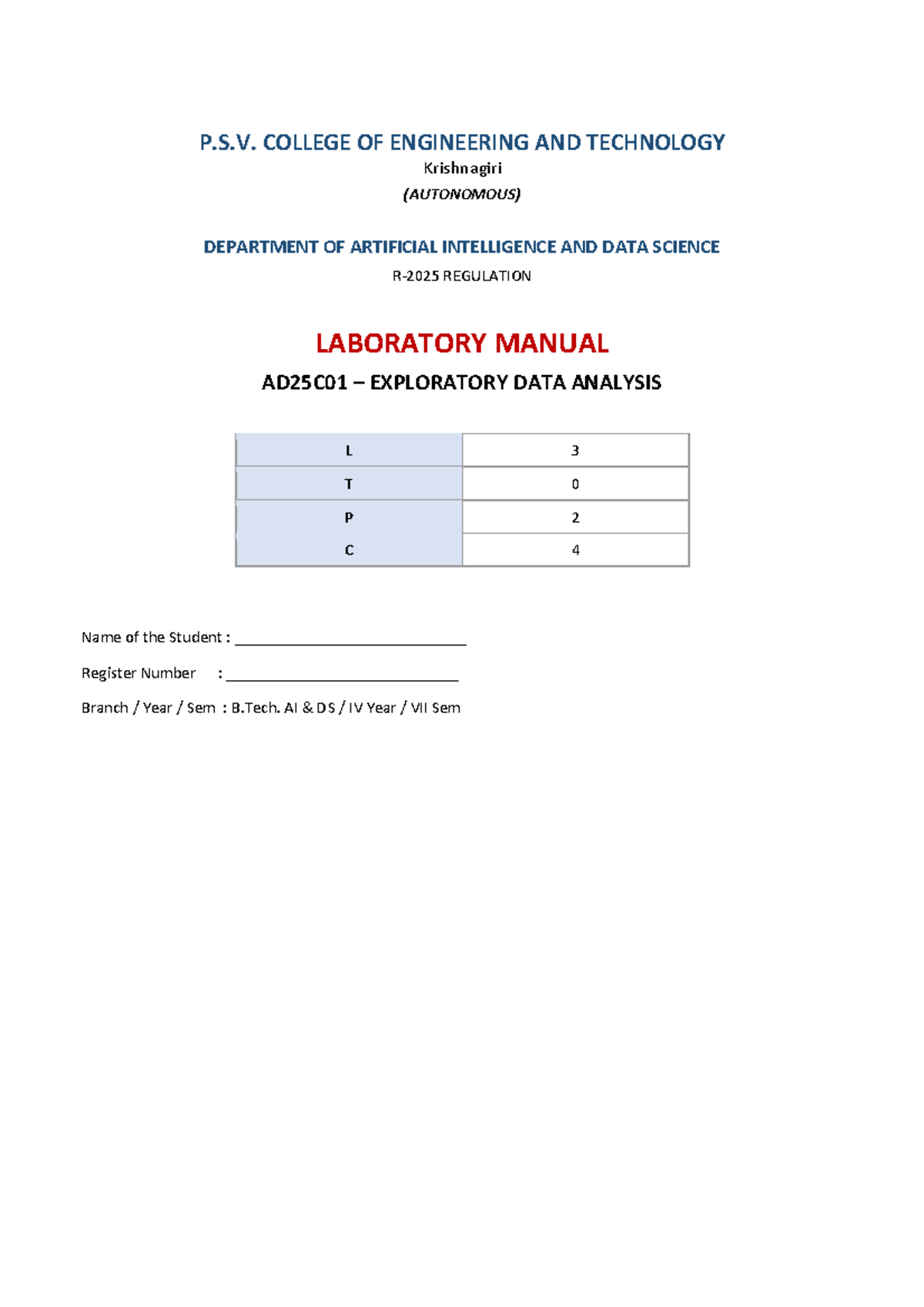Exploratory Data Analysis Lab Manual AD25C01 for B.Tech AI DS - Studocu