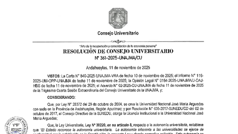 Resolución N° 361-2025: Reglamento de Grados y Títulos - UNAJMA - Document Preview