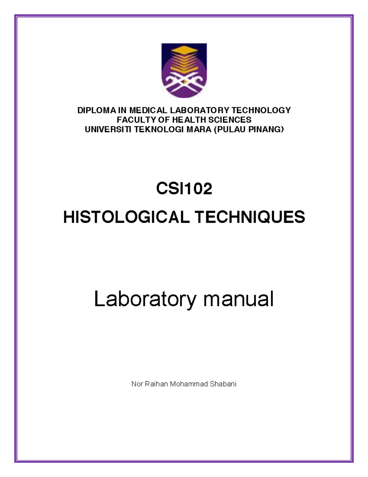 Laboratory Manual - DIPLOMA IN MEDICAL LABORATORY TECHNOLOGY FACULTY OF ...