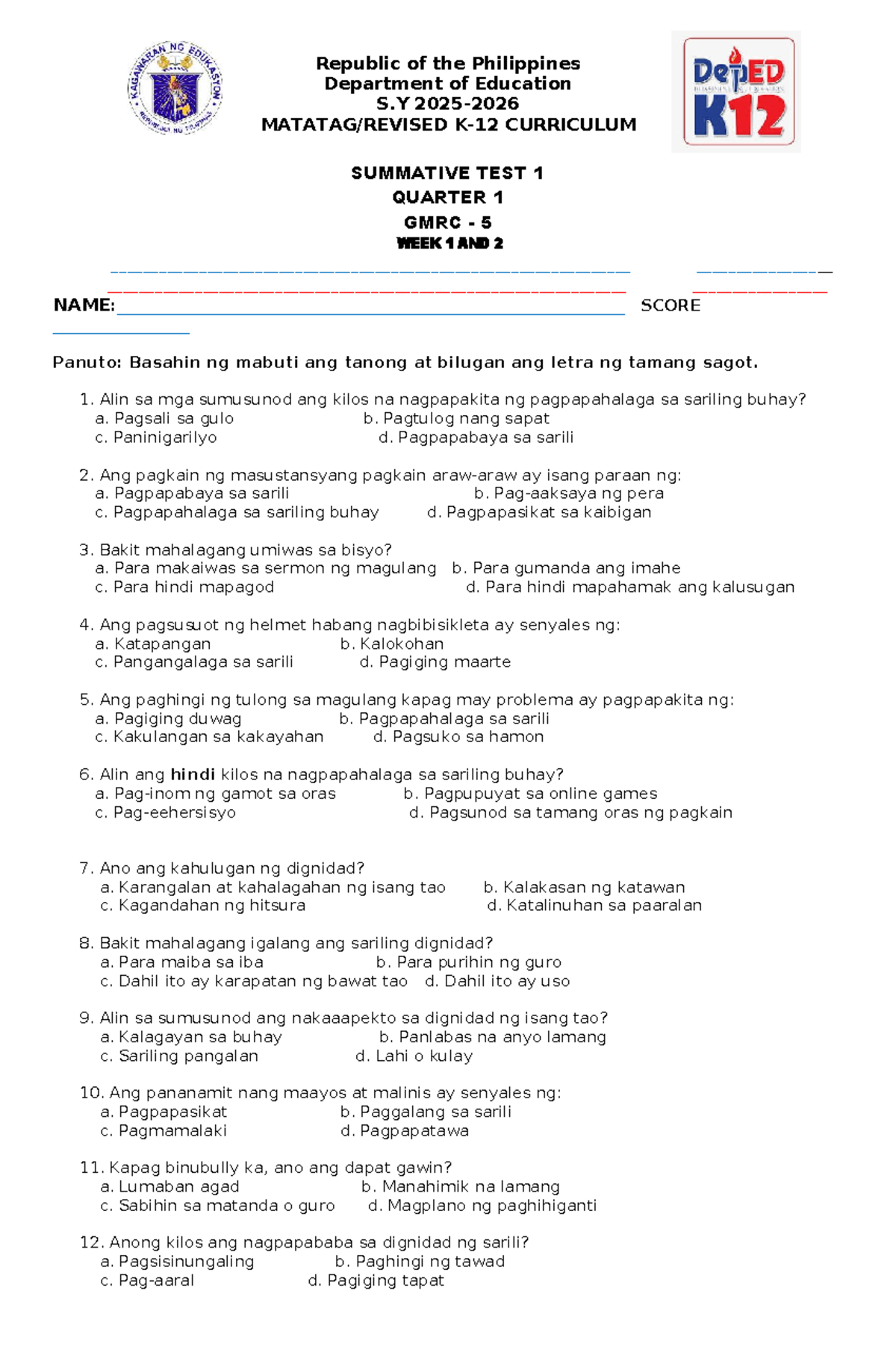 GMRC 5 Quarter 1 Summative Test 1 (Weeks 1 & 2) - Studocu