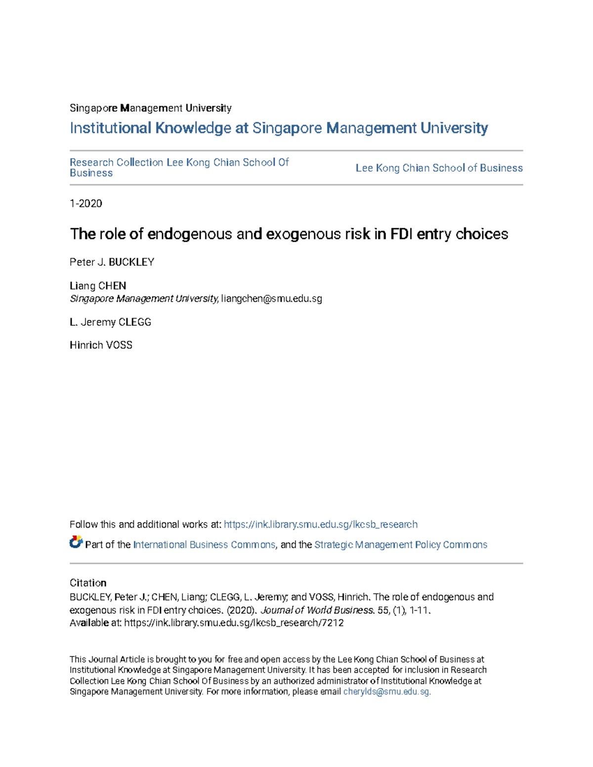 The Role of Endogenous and Exogenous Risk in FDI Entry Choices (IB 2020 ...