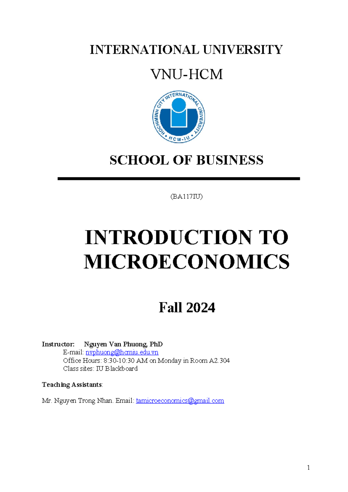 Microeconomics Syllabus BA117IU - Fall 2024 by Nguyen Van Phuong - Studocu