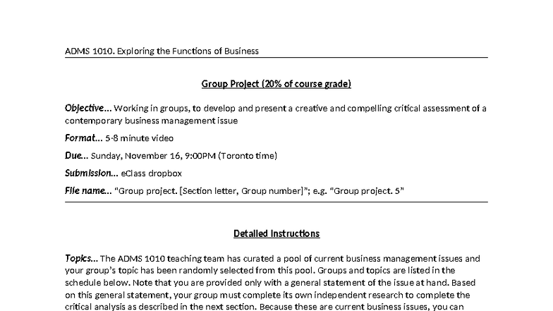 ADMS 1010. Group Project Guidelines for Business Functions Analysis ...