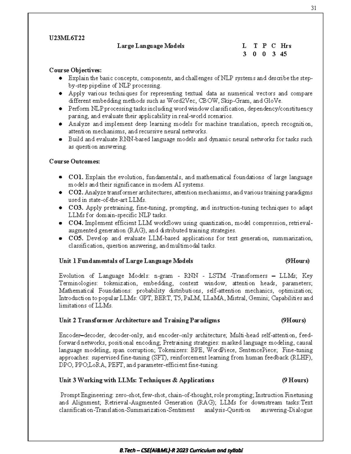 31 U23ML6T22 LLM Syllabus: Advanced Techniques in NLP and AI - Studocu