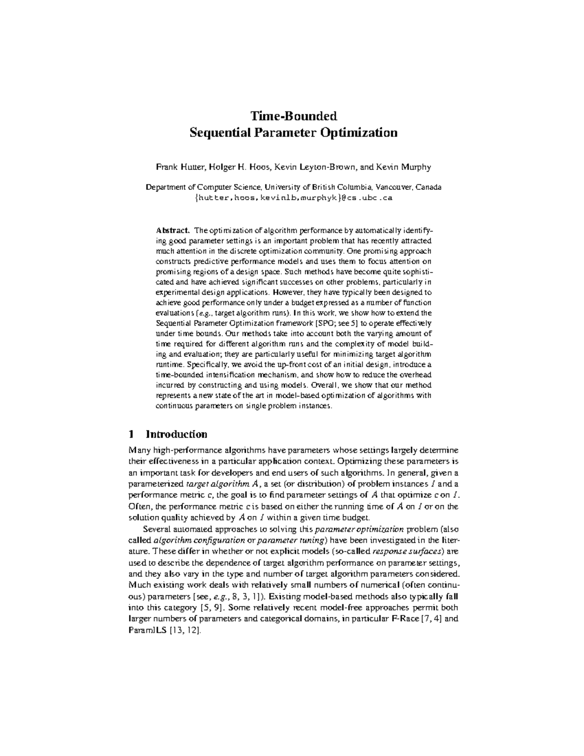 Time-Bounded Sequential Parameter Optimization Techniques & Approaches ...