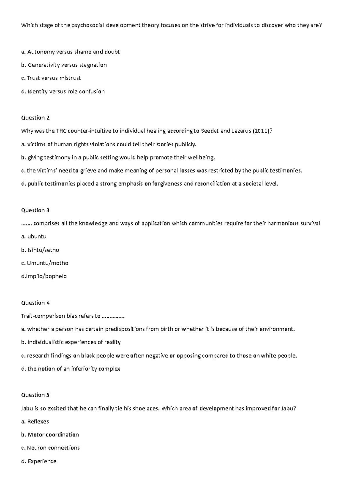 PYC1512 ASS 2 MCQs - Psychosocial Development & Community Insights ...