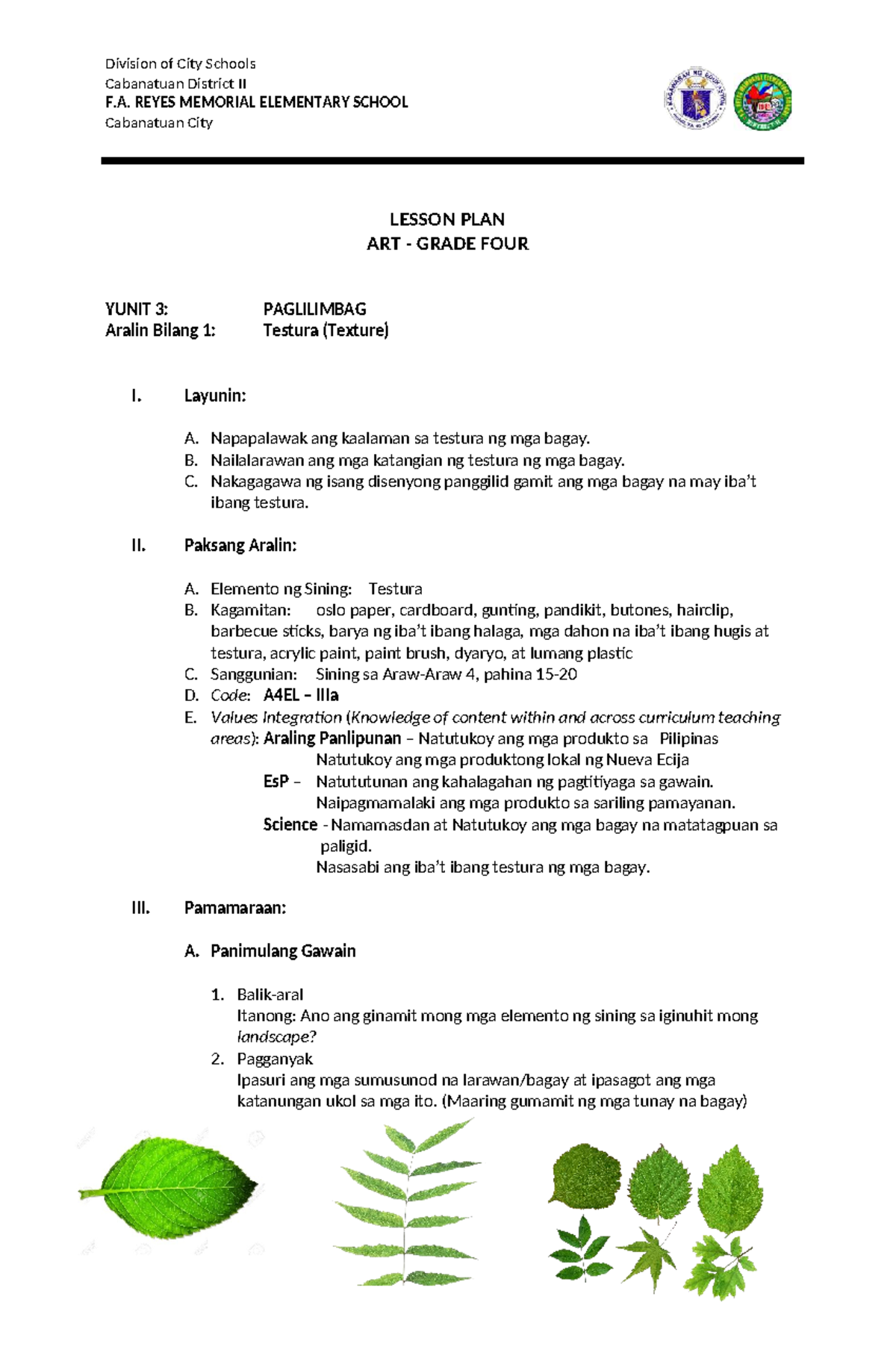 COT DLP ART 4: Lesson Plan on Texture for Grade 4 Students - Studocu