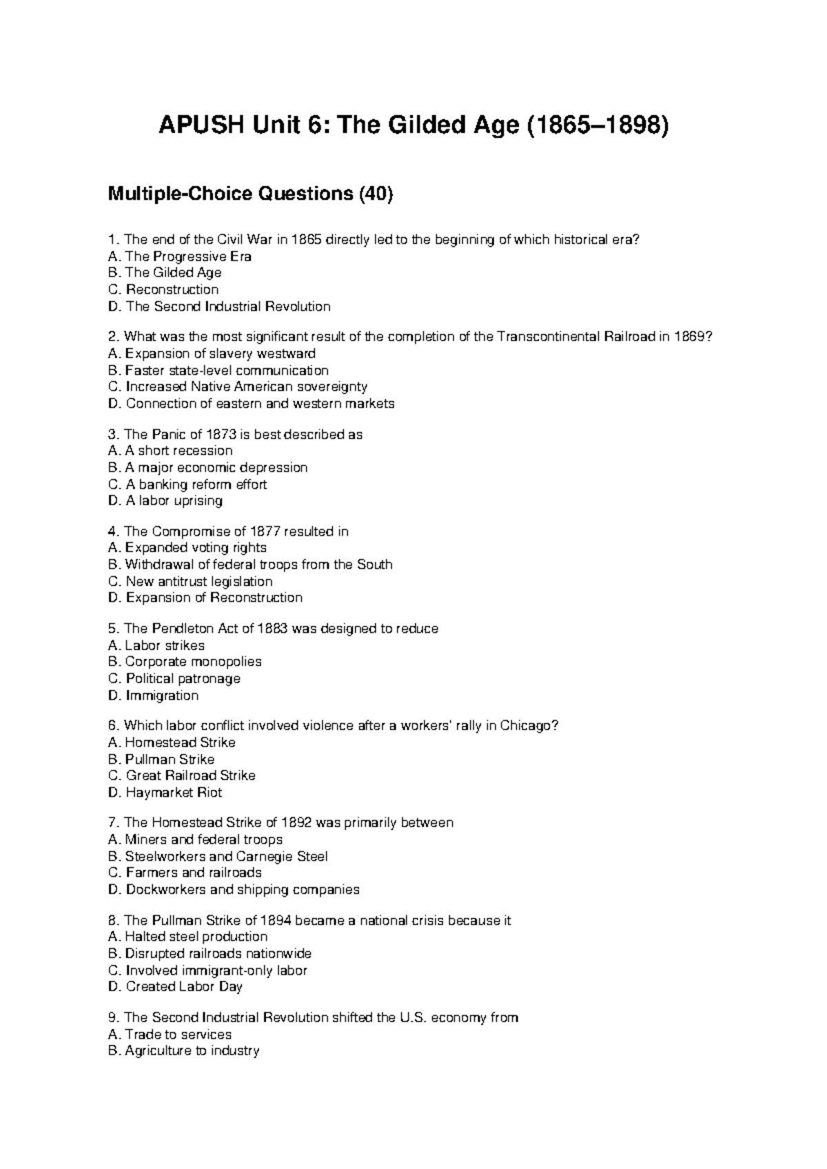 APUSH Unit 6: Gilded Age MCQ Review (40 Questions) - Studocu