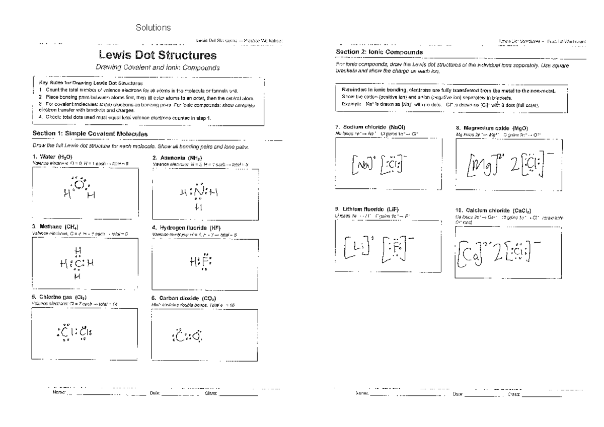 Lewis Dot Structures Practice Worksheet Solutions for Covalent & Ionic ...
