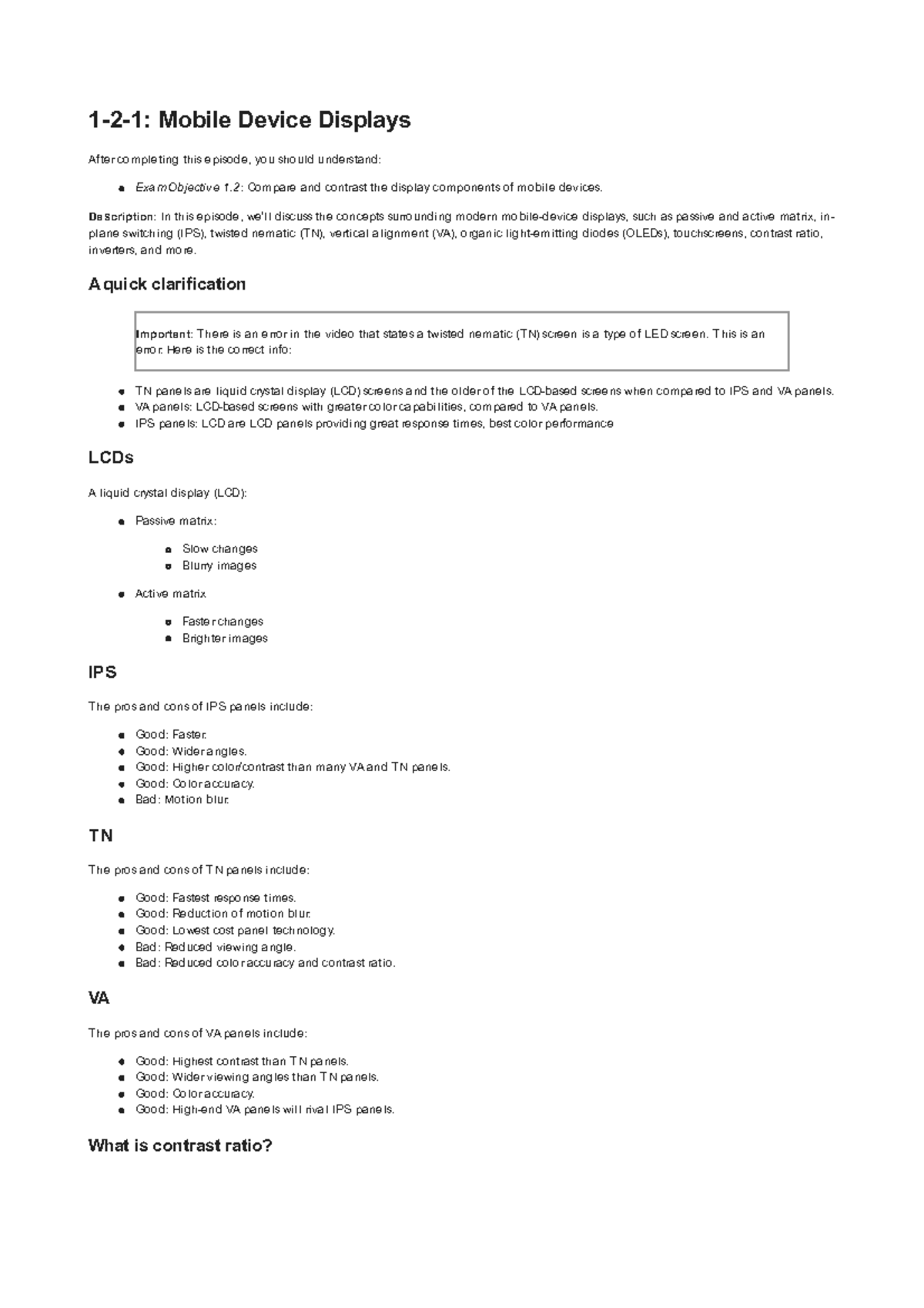 Mobile Device Displays: Comparison of LCD Tech & Types (Exam Obj 1.2 ...