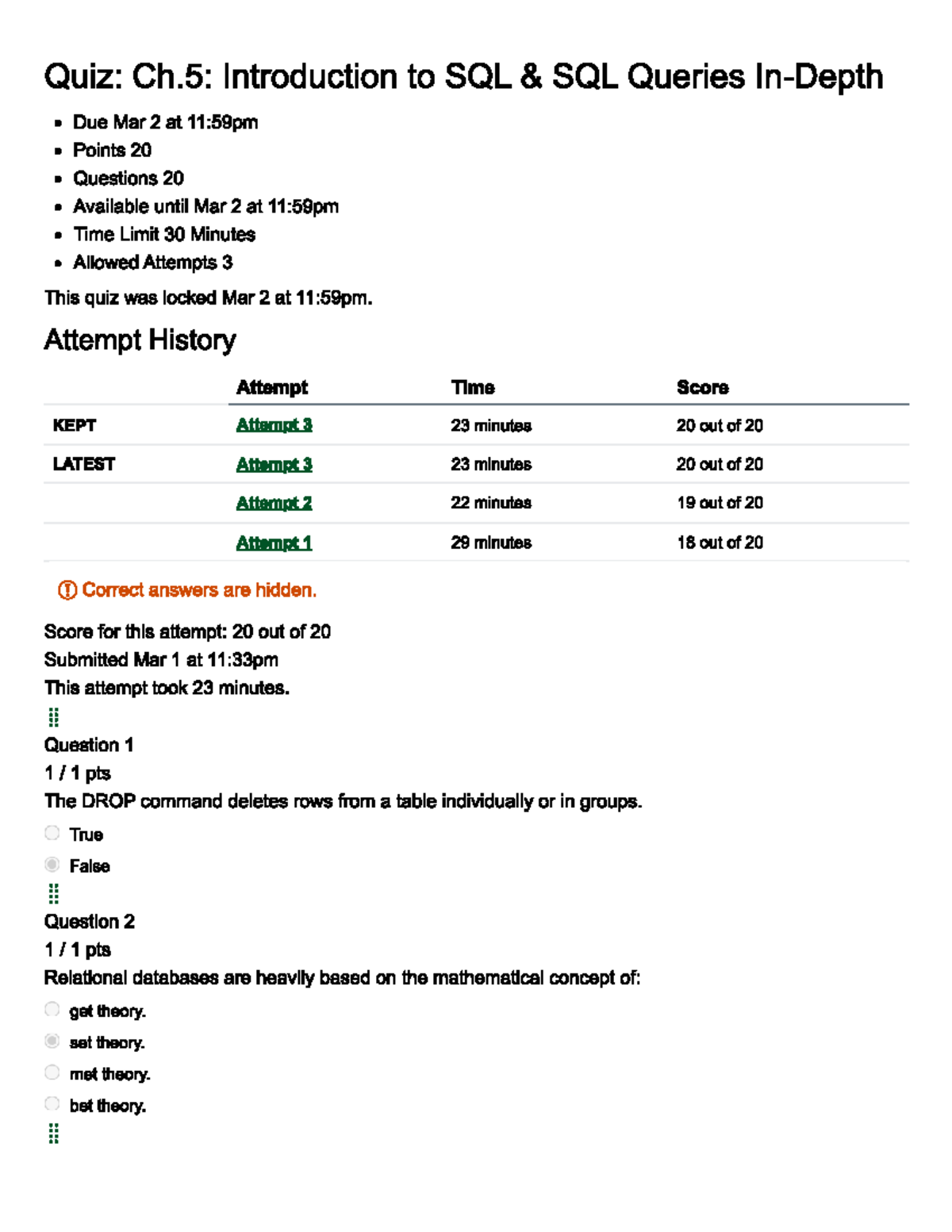 Quiz: Ch.5 SQL Queries Overview and Attempt History - Studocu