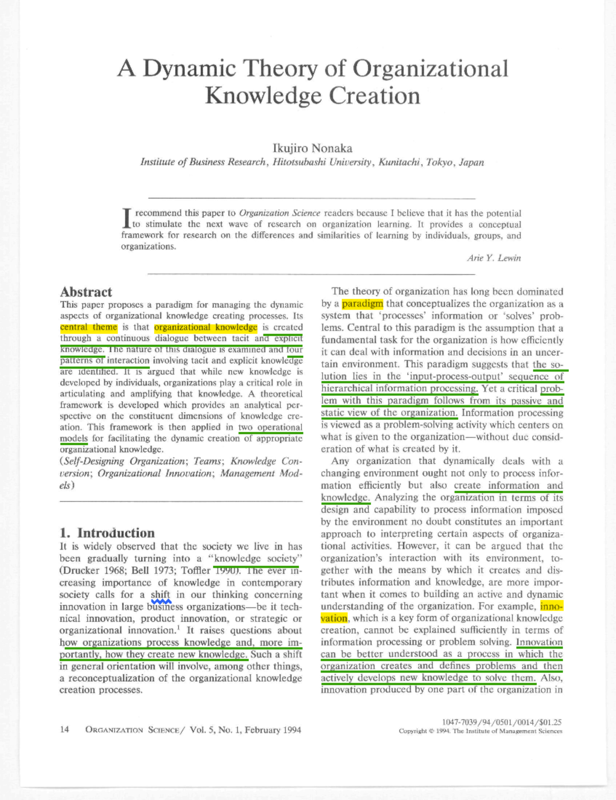 Dynamic Theory of Organizational Knowledge Creation (Course Code: 01 ...