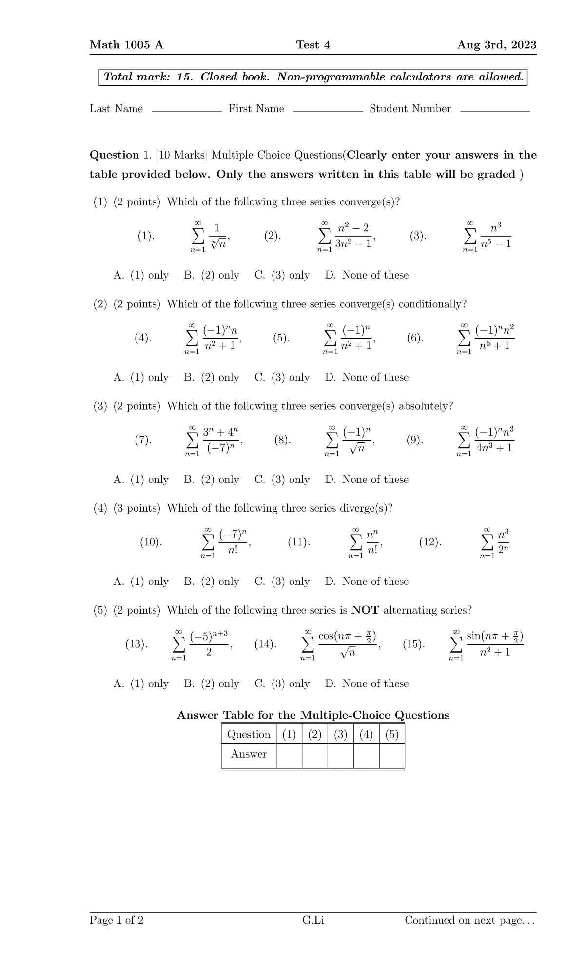 Math 1005 A Test 4 - Sample Questions and Answers - Aug 3, 2023 - Studocu