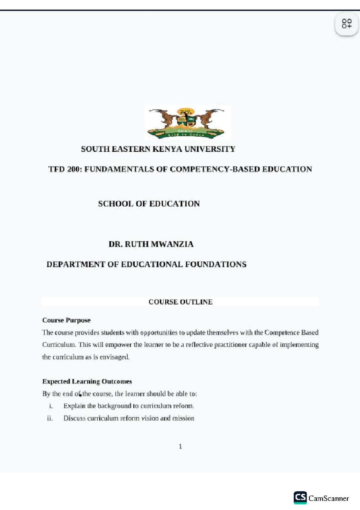 TFD 200: Fundamentals of Education Course Outline and Curriculum Reform ...